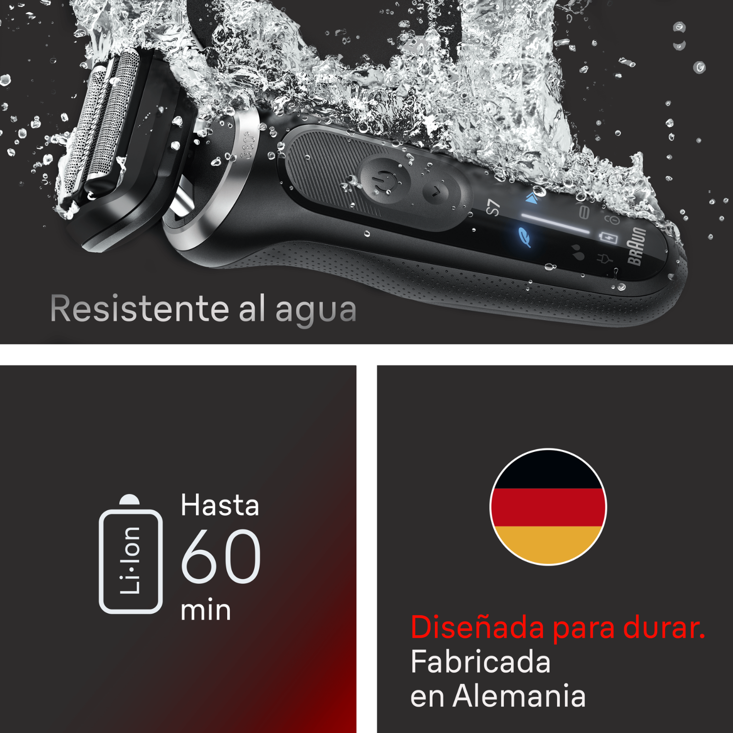 Afeitadora Braun resistente al agua, batería de ion de litio de 60 minutos, fabricada en Alemania.