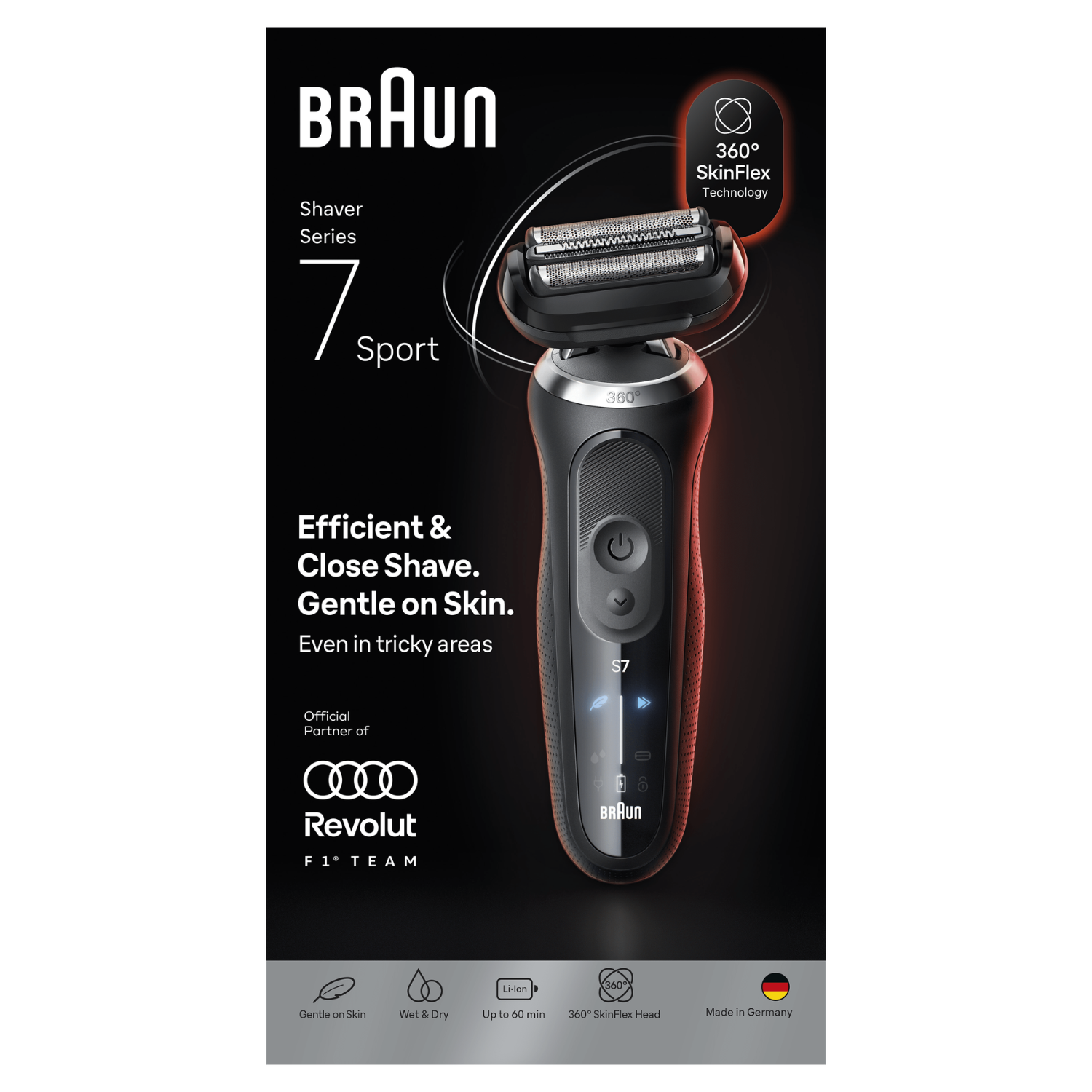 Imagen promocional de la afeitadora Braun Series 7 Sport con diseño negro y texto de características sobre fondo negro.