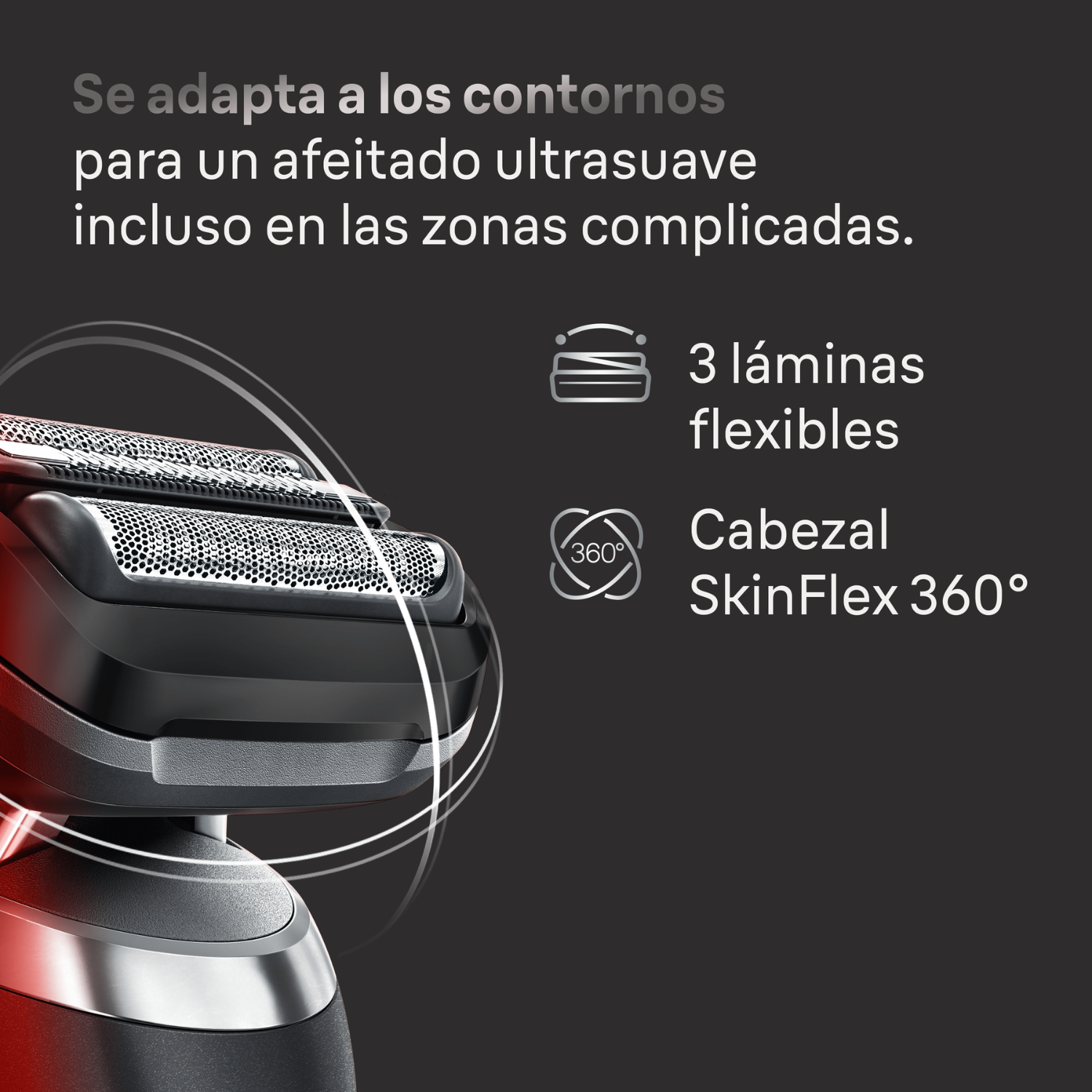 Afeitadora con 3 láminas flexibles y cabezal SkinFlex de 360 grados sobre fondo negro con texto.