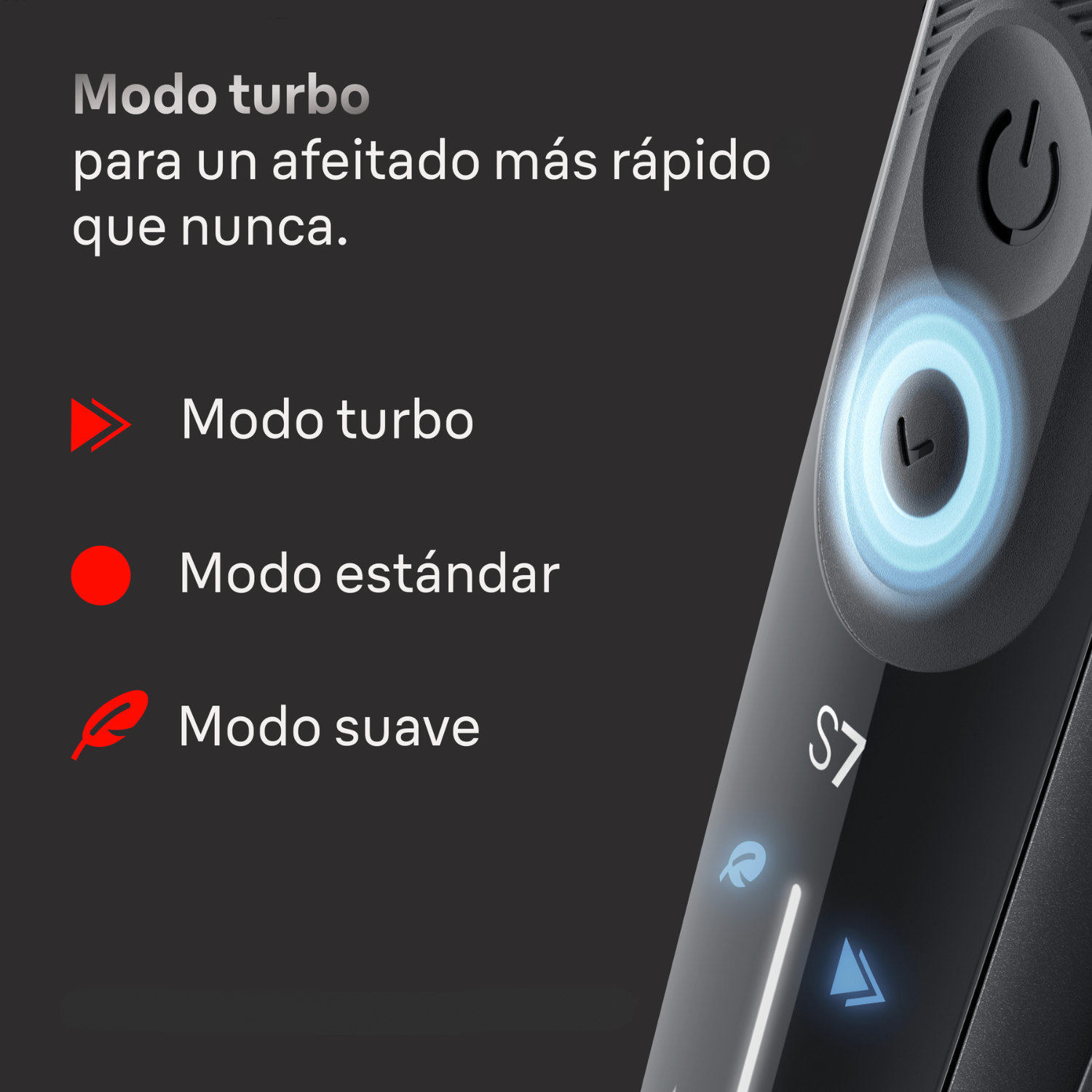 Primer plano de una afeitadora con un botón de modo turbo iluminado y texto explicativo a la izquierda.