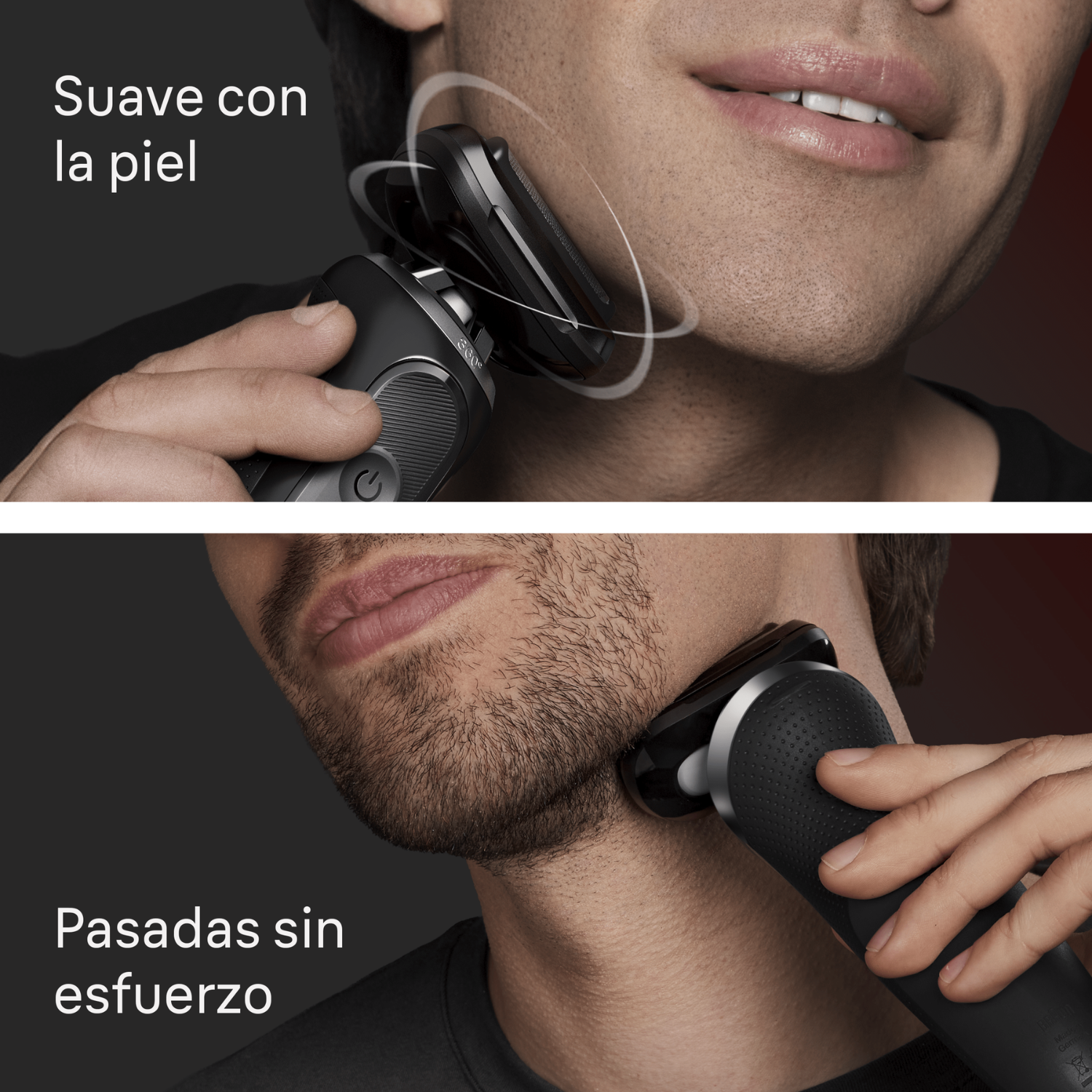 Un hombre se afeita la cara y el cuello con una afeitadora eléctrica.