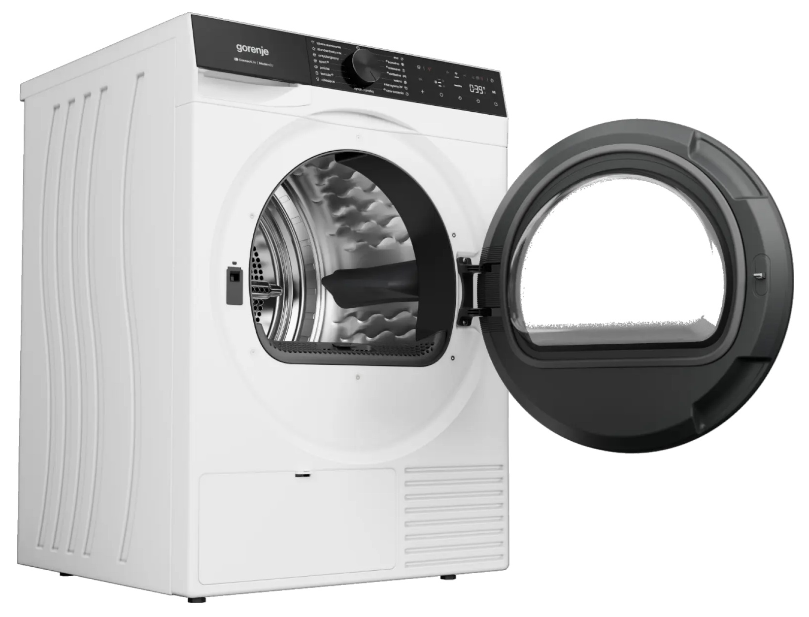 Biała suszarka Gorenje z otwartymi czarnymi drzwiami, cyfrowym wyświetlaczem i pokrętłem na neutralnym tle.