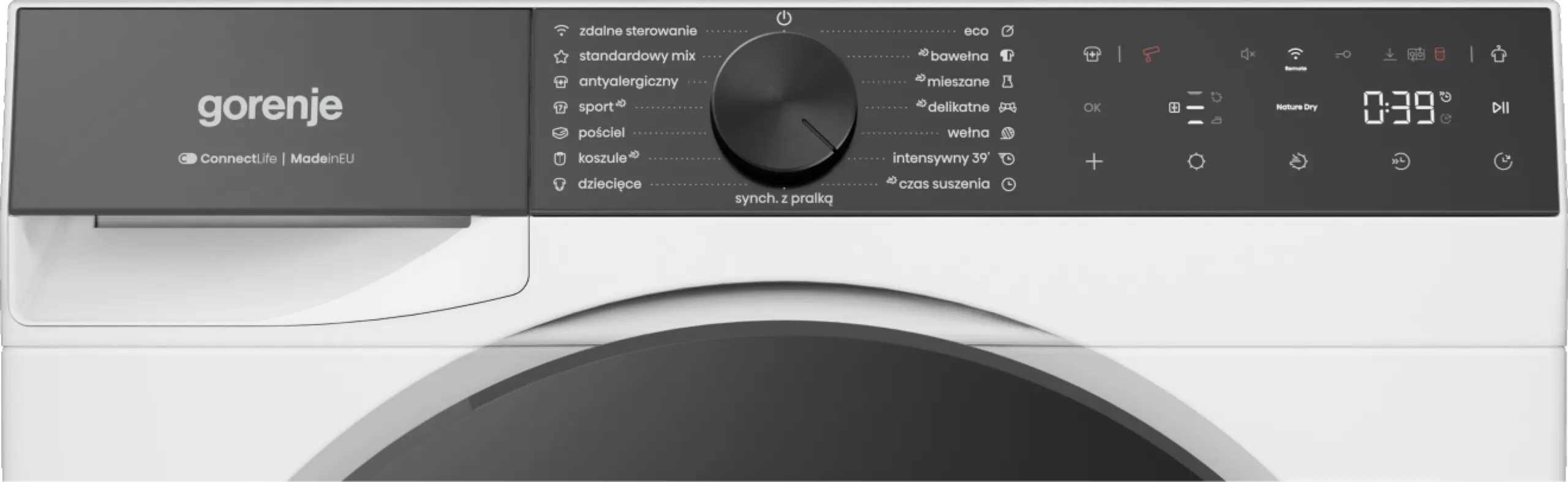Panel sterowania białej pralki Gorenje z centralnym pokrętłem, przyciskami dotykowymi i wyświetlaczem.