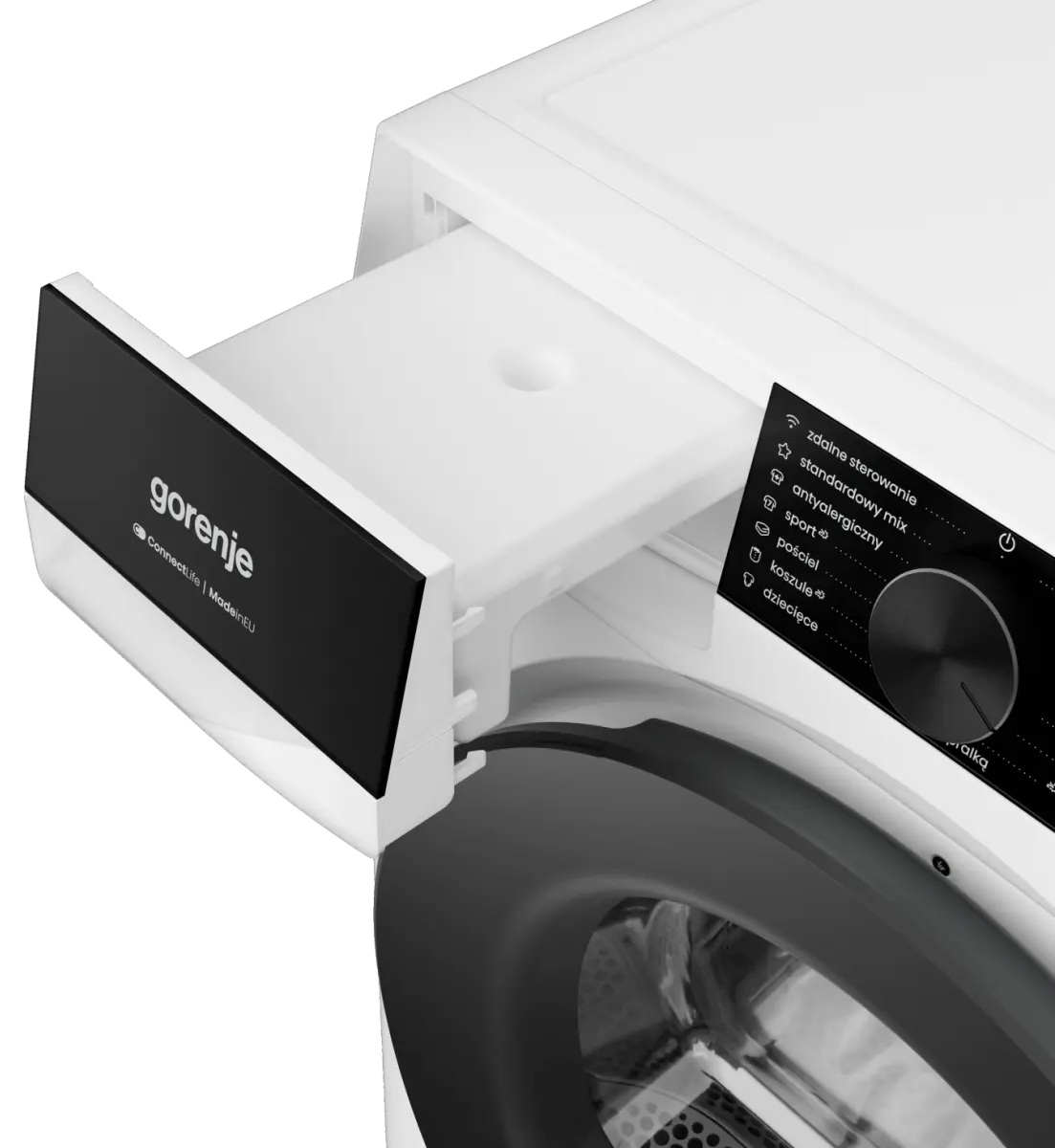 Zbliżenie na białą pralkę Gorenje z otwartą szufladą na detergent i panelem sterowania.