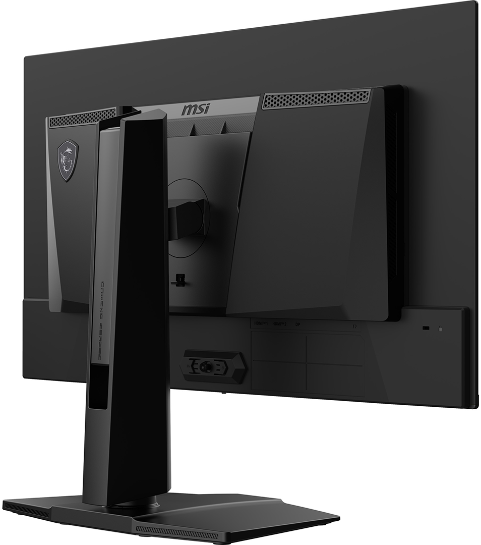 Fekete színű MSI gamer monitor hátulnézete  állítható állvánnyal, fehér háttér előtt.