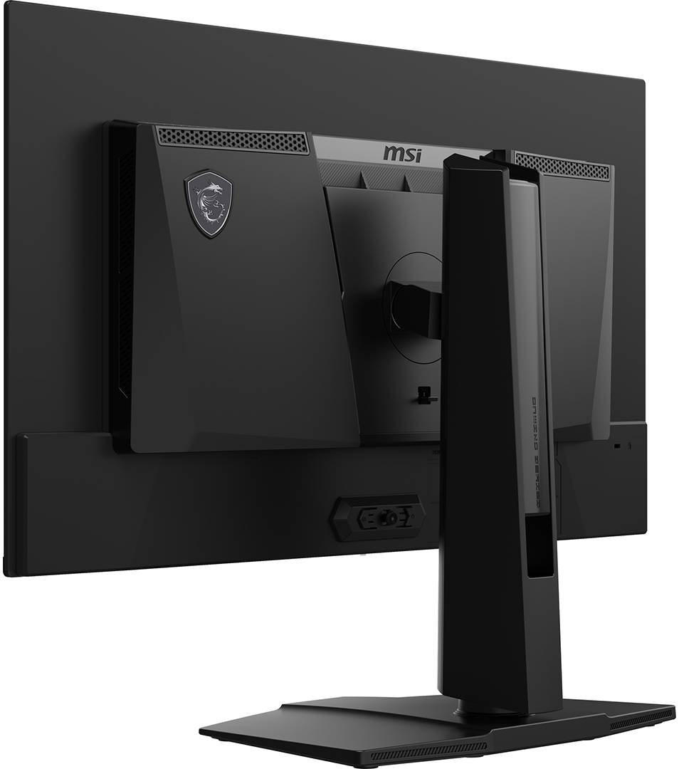 Egy fekete MSI monitor hátulja állvánnyal és sárkány logóval.