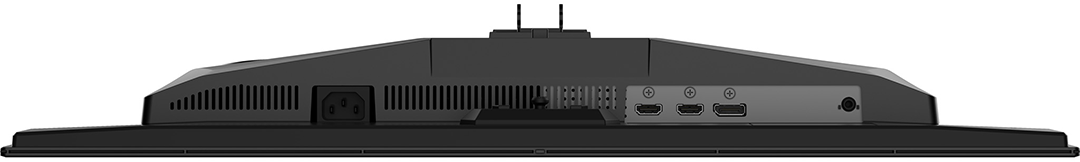 Egy fekete monitor hátulja tápcsatlakozóval és több HDMI porttal.