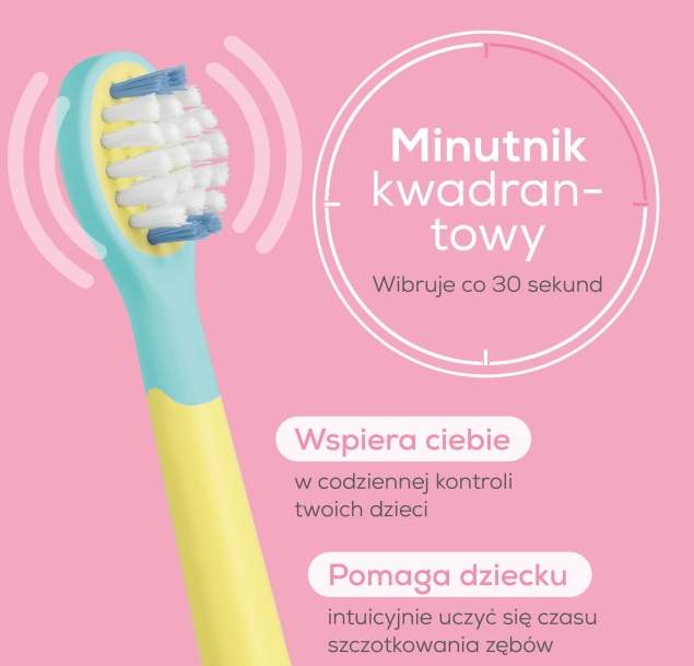 Turkusowo-żółta szczoteczka dziecięca z białymi i niebieskimi włosiami na różowym tle z polskim tekstem.