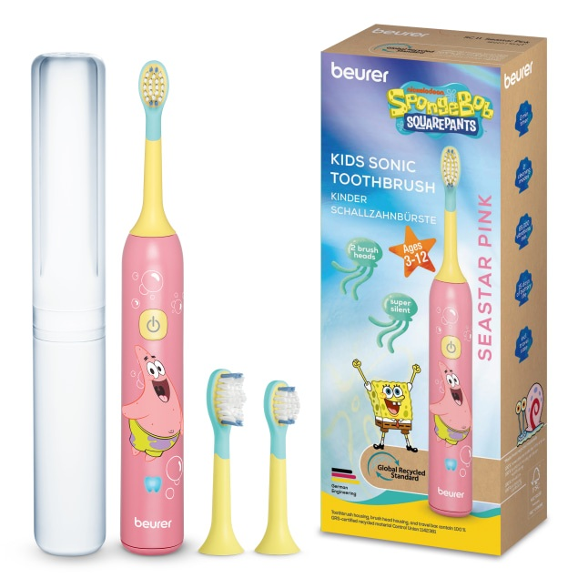 Różowa szczoteczka soniczna dla dzieci Beurer z motywem SpongeBoba, dwoma główkami, etui i opakowaniem.