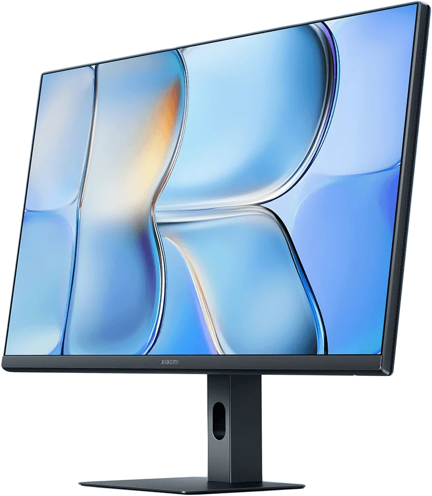Egy fekete Xiaomi monitor absztrakt kék és fehér háttérrel a képernyőn, fekete alapon.