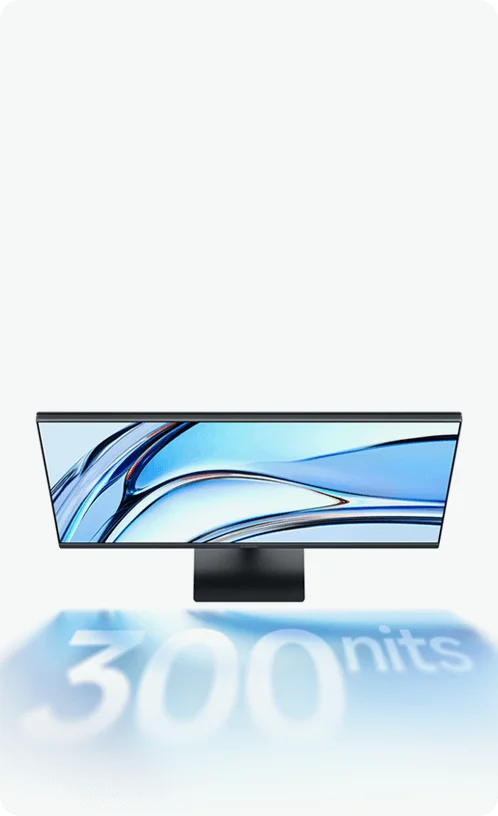 Fekete monitor kék absztrakt képernyővel, elötte 300 nits felirattal, fehér háttér előtt.