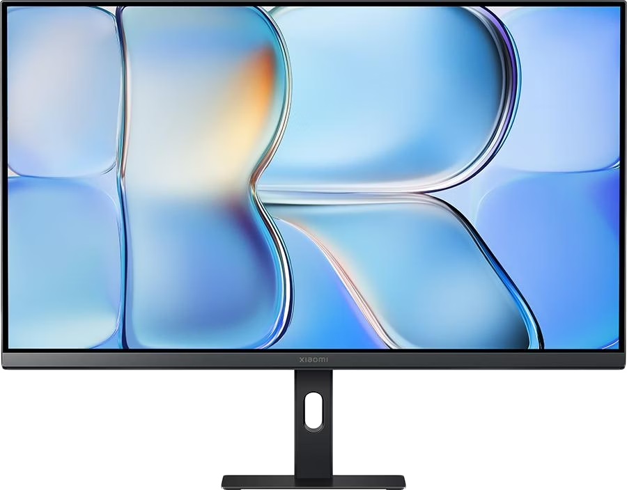 Egy Xiaomi monitor absztrakt kék és narancssárga buborékmintát mutat.