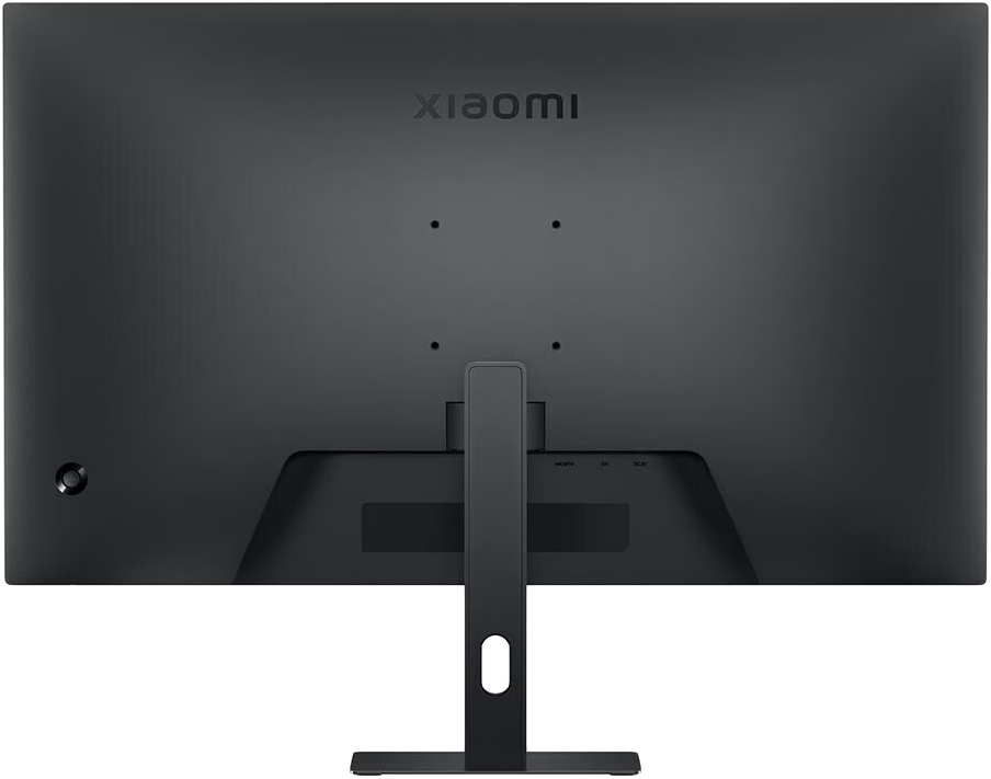 Fekete Xiaomi monitor hátulja állvánnyal és márkajelzéssel a tetején.