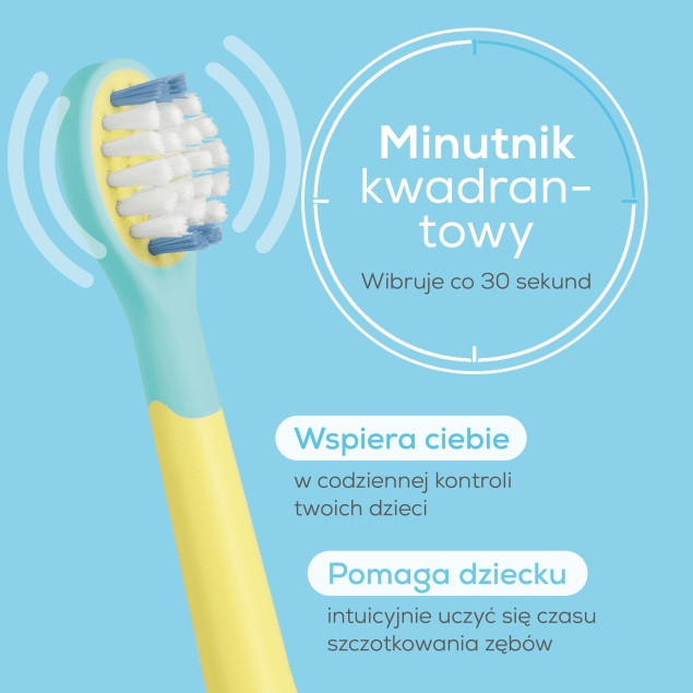 Niebiesko-żółta dziecięca szczoteczka soniczna z ikonami wibracji i polskim tekstem na niebieskim tle.