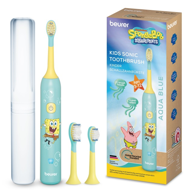 Szczoteczka soniczna dla dzieci Beurer w kolorze aqua blue z SpongeBobem, dwoma główkami i etui.