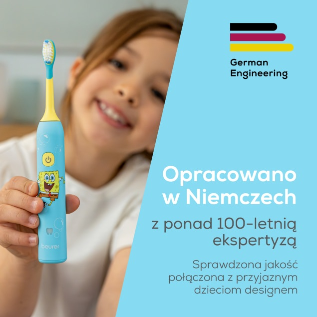 Dziecko trzyma niebiesko-żółtą szczoteczkę elektryczną z motywem SpongeBoba, obok polski napis.