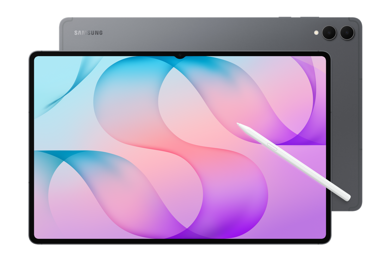 Szary tablet Samsung z rysikiem na kolorowym tle, a jego tył jest widoczny z tyłu.