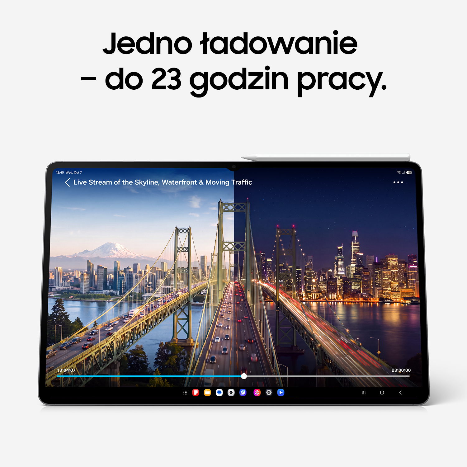 Tablet wyświetla film zmostem w dzień i w nocy, u góry polski tekst.