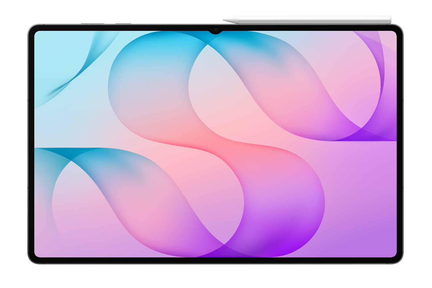Tablet z abstrakcyjnym niebiesko-różowym tłem i rysikiem na górze.