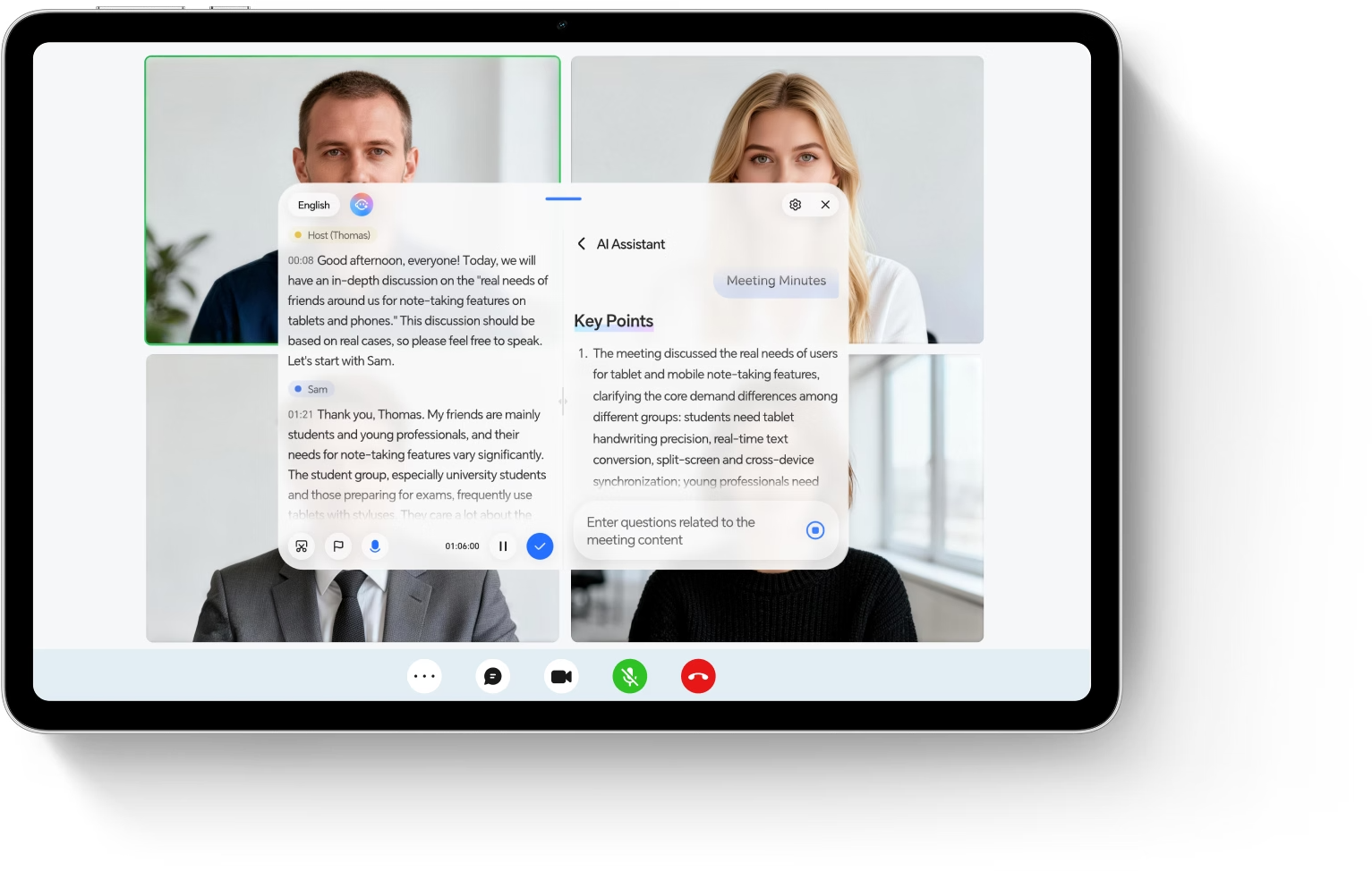 Tablet, amelyen egy négy résztvevős videohívás és egy AI asszisztens ablaka látható jegyzetekkel.