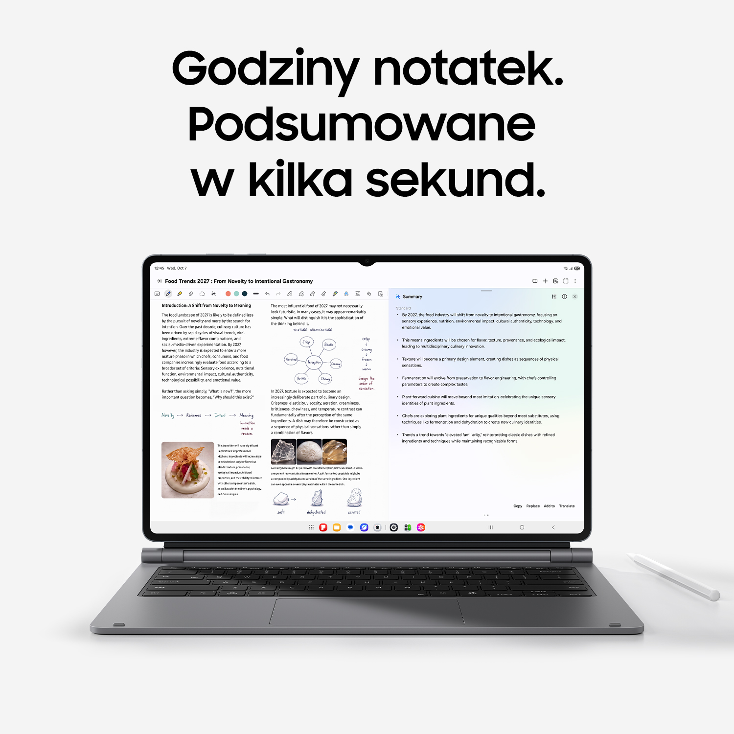 Tablet z klawiaturą wyświetla notatki, a powyżej znajduje się polski tekst.