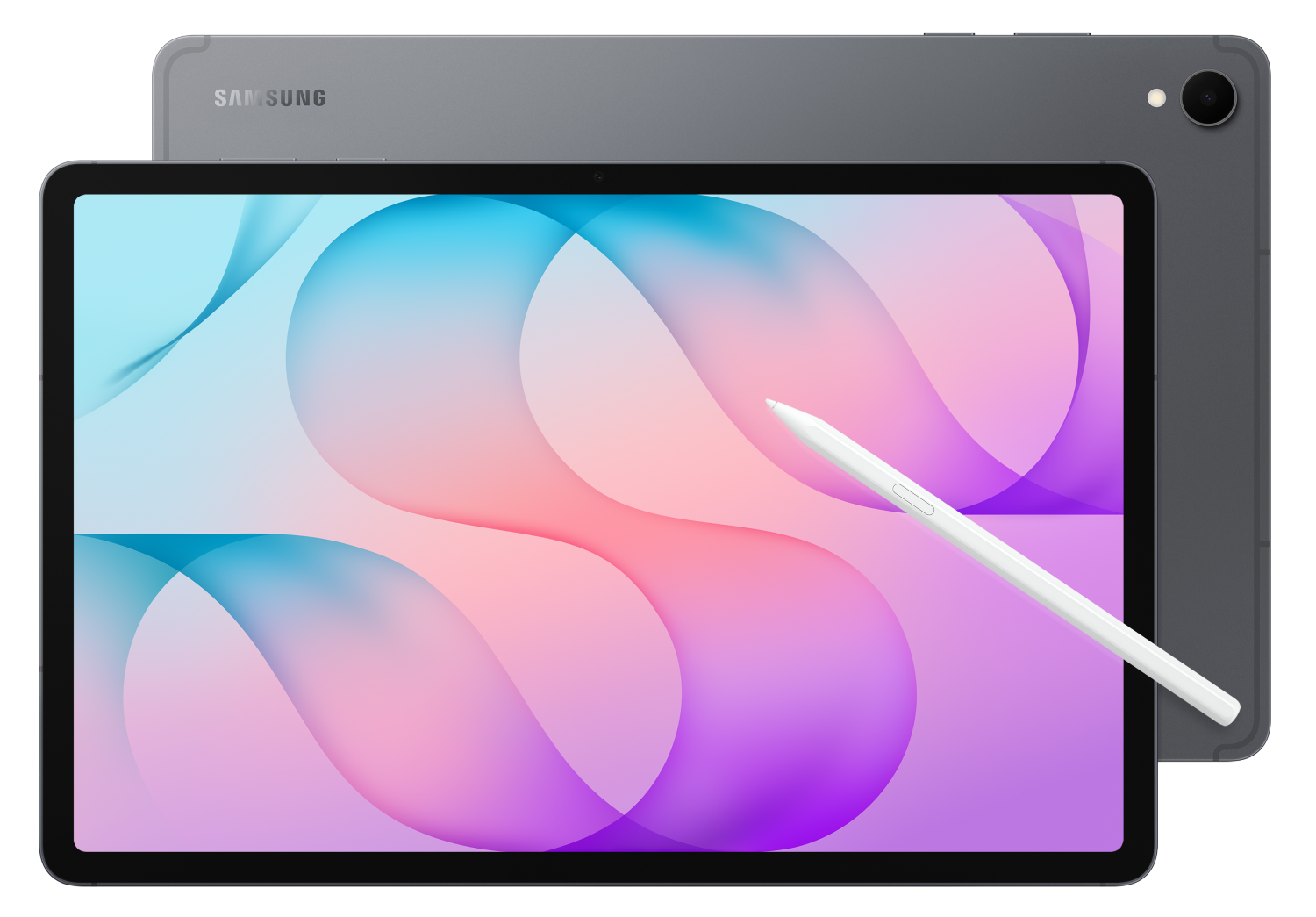 Szary tablet Samsung z kolorowym ekranem i białym rysikiem.