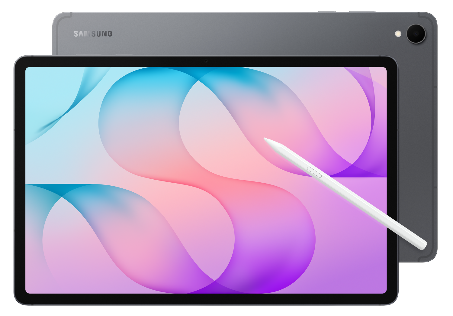 Szary tablet Samsung z białym rysikiem i kolorowym ekranem.