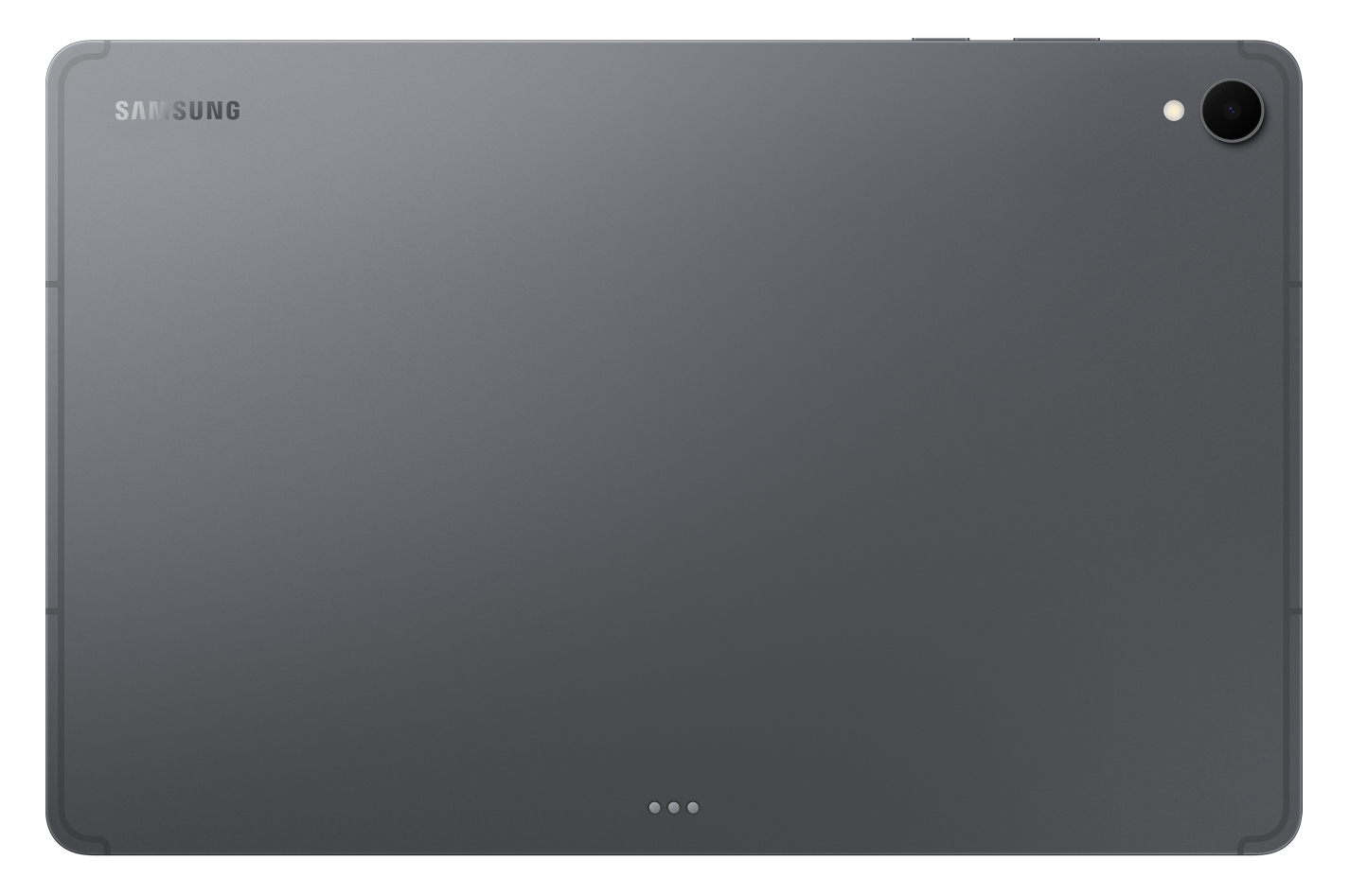 Tył szarego tabletu Samsung z aparatem i logo marki.