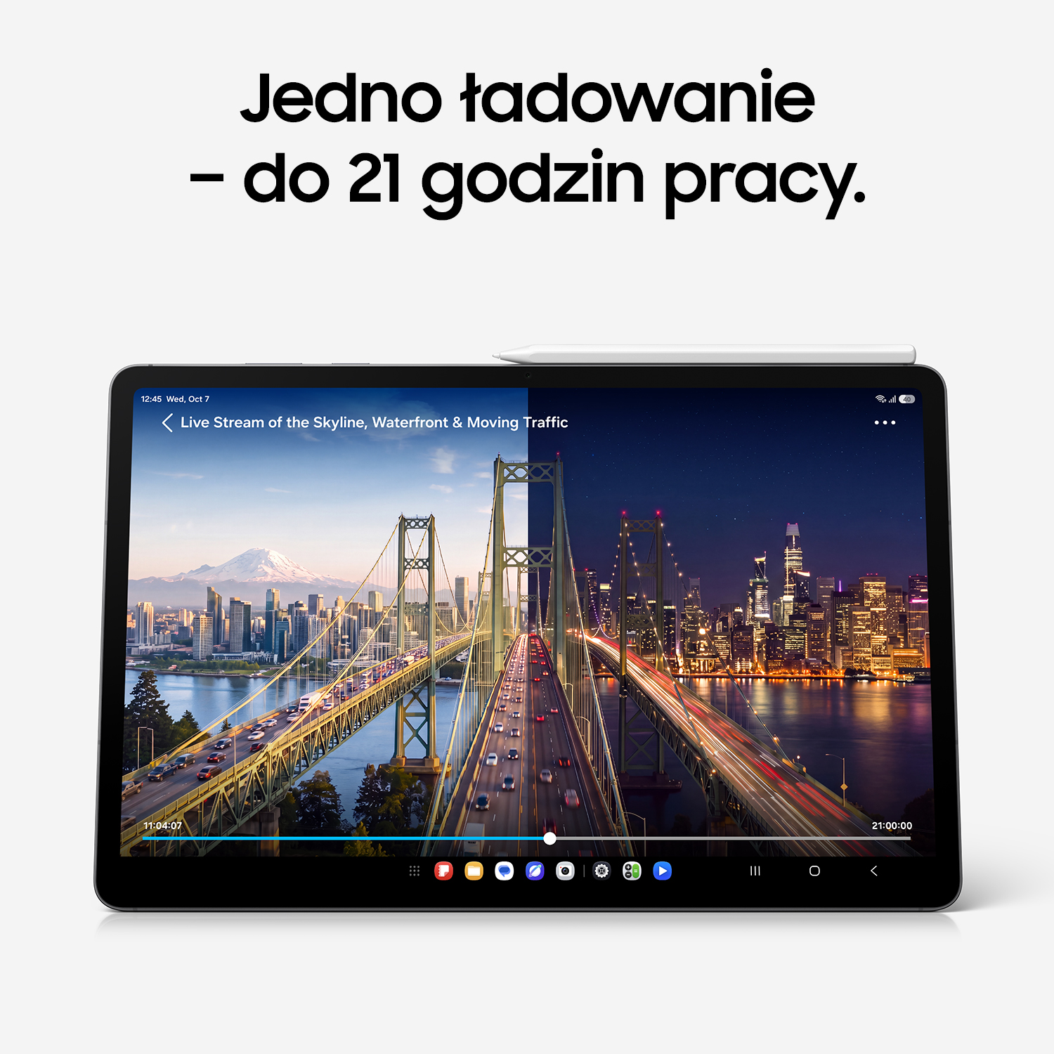 Tablet wyświetla podzielony ekran z mostem w dzień i w nocy, z polskim tekstem powyżej.