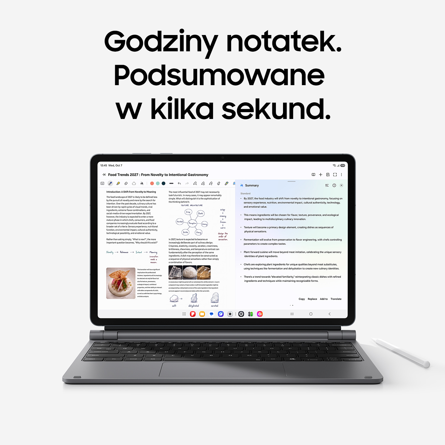 Tablet z klawiaturą wyświetla tekst i podsumowania, a u góry jest polski tekst.