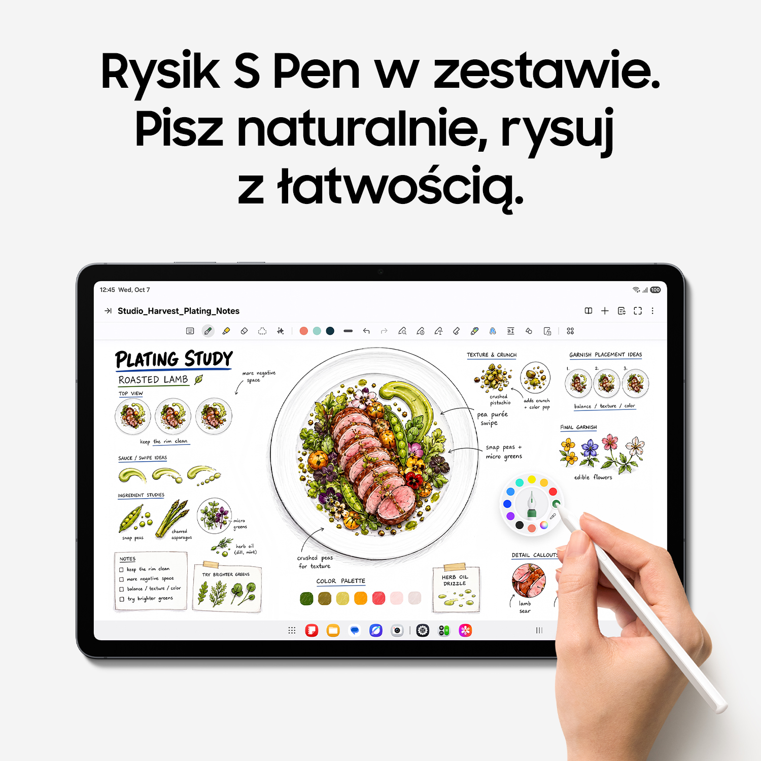 Tablet wyświetla rysunki kulinarne z notatkami, a rysik S Pen na nim pisze.
