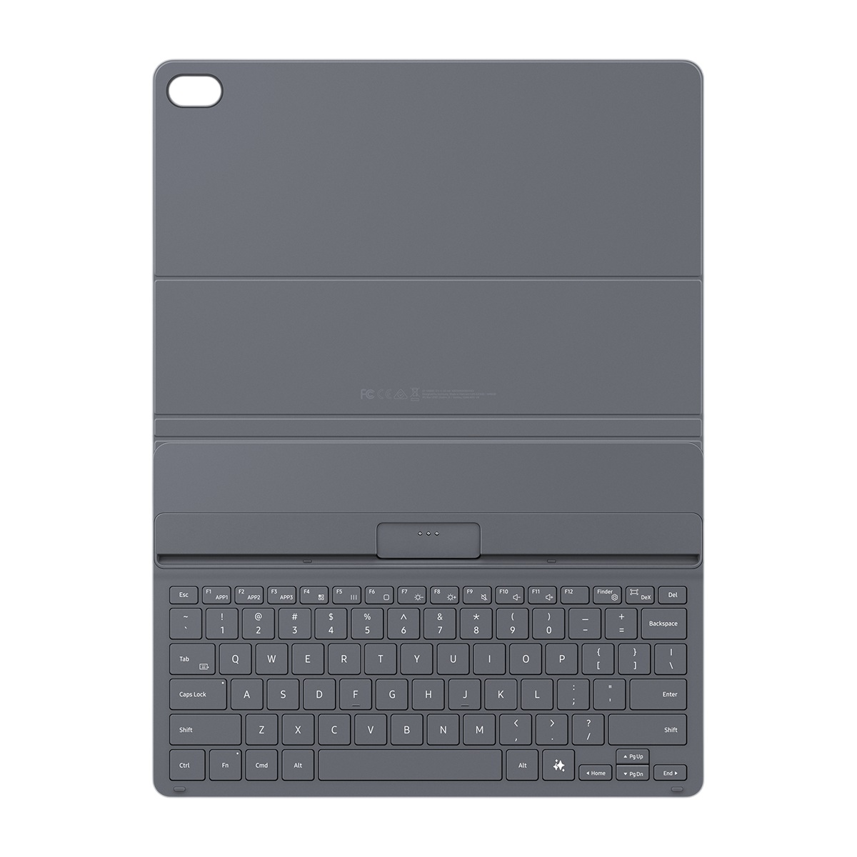 QWERTY düzenine ve kamera boşluğuna sahip gri bir tablet klavye kıl ıfı.