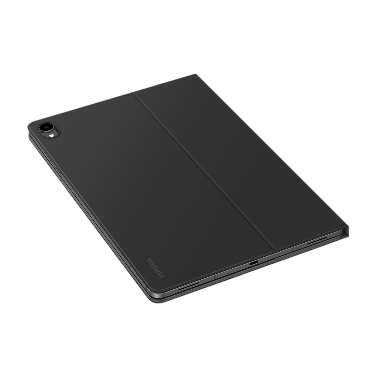 Koruma kılıflı kapalı siyah bir Samsung tablet beyaz bir zemin üzerinde duruyor.