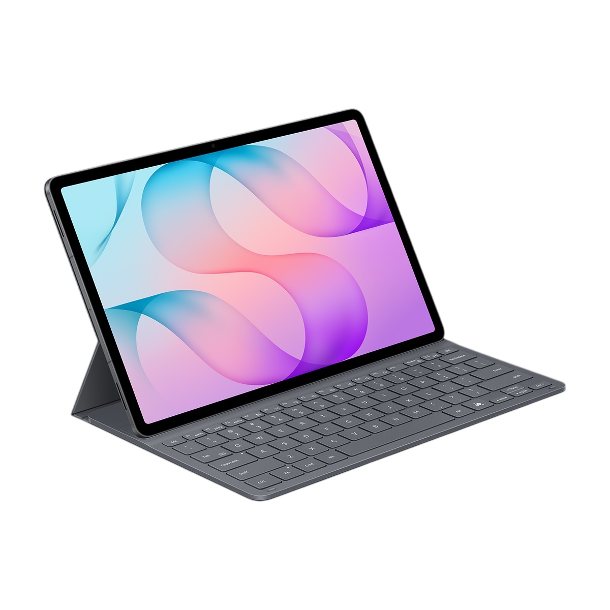 Ekranında renkli soyut bir arka plan olan gri bir tablet, uyumlu bir klavyeye bağlıdır.
