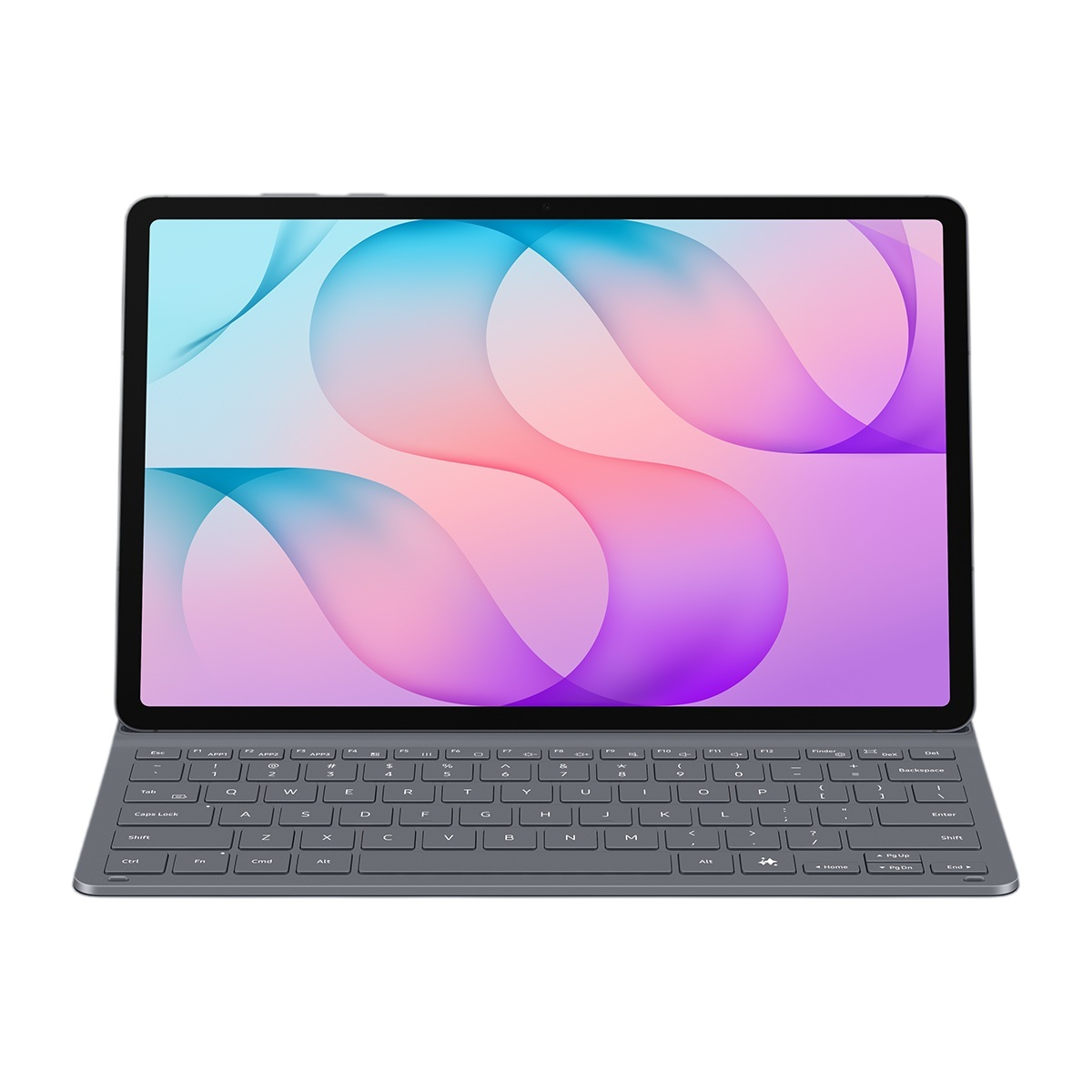 Renkli arka plana ve QWERTY klavyeye sahip gri bir tablet, beyaz arka plan üzerinde.