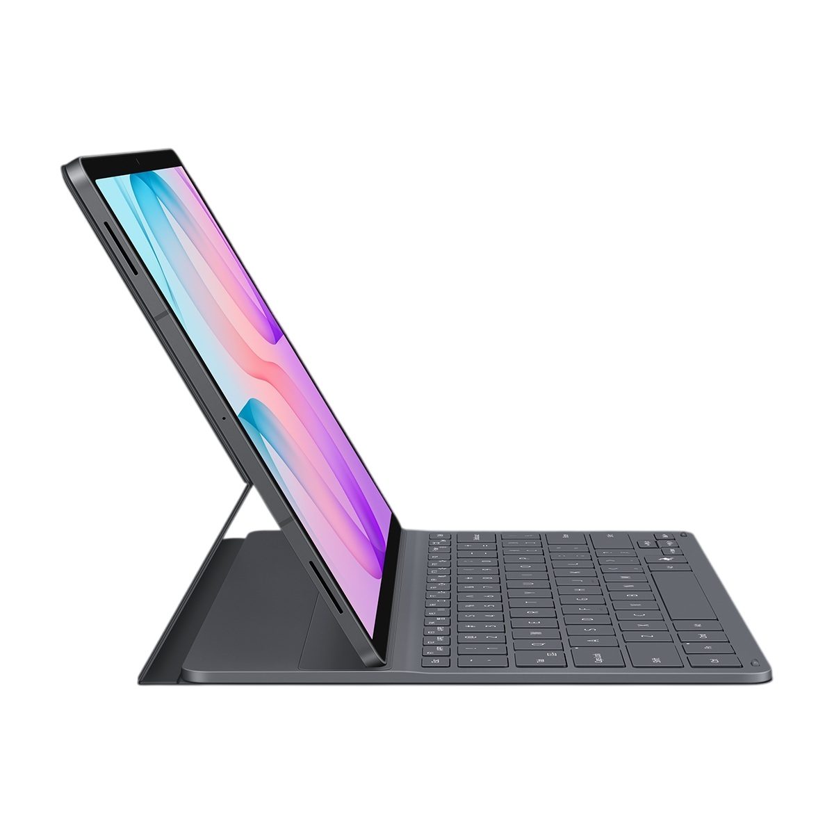 Klavye kılıflı ve ekranında renkli soyut grafikler olan gri tabletin yandan görünümü.