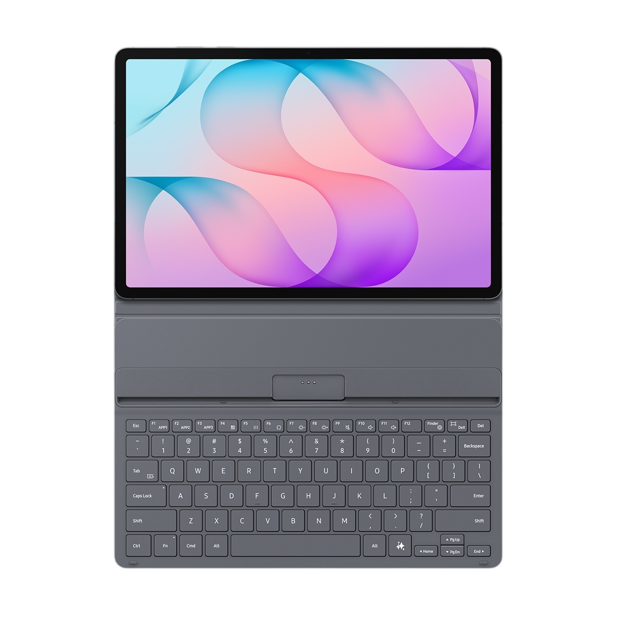Renkli duvar kağıdına sahip gri bir tablet ve fiziksel bir klavye.
