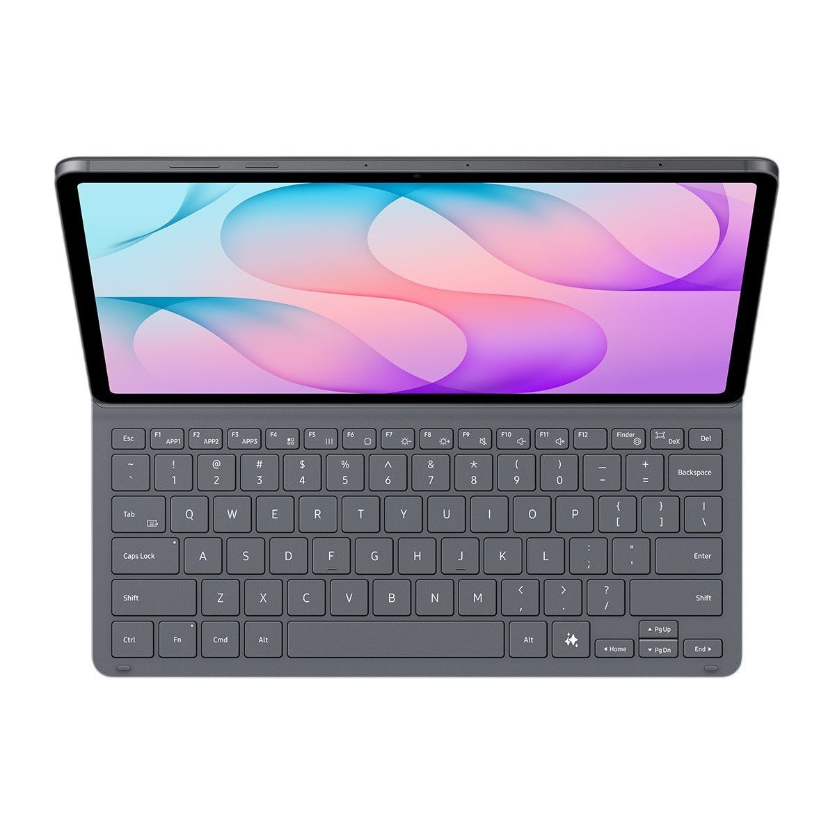Renkli soyut duvar kağıdı gösteren, uyumlu klavye kılıflı koyu gri bir tablet.