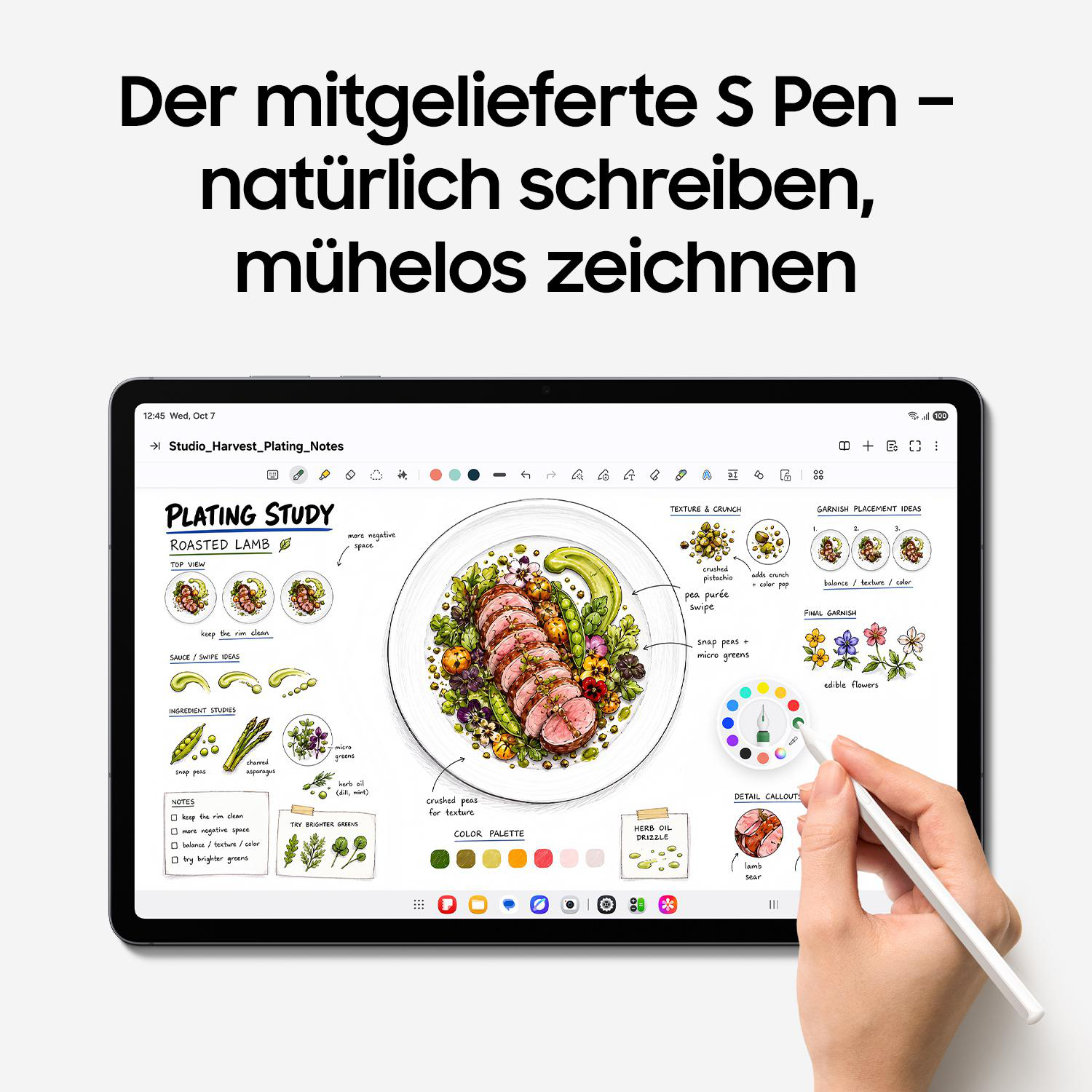 Ein S Pen wird verwendet, um auf einem Tablet kulinarische Notizen und Zeichnungen zu bearbeiten.