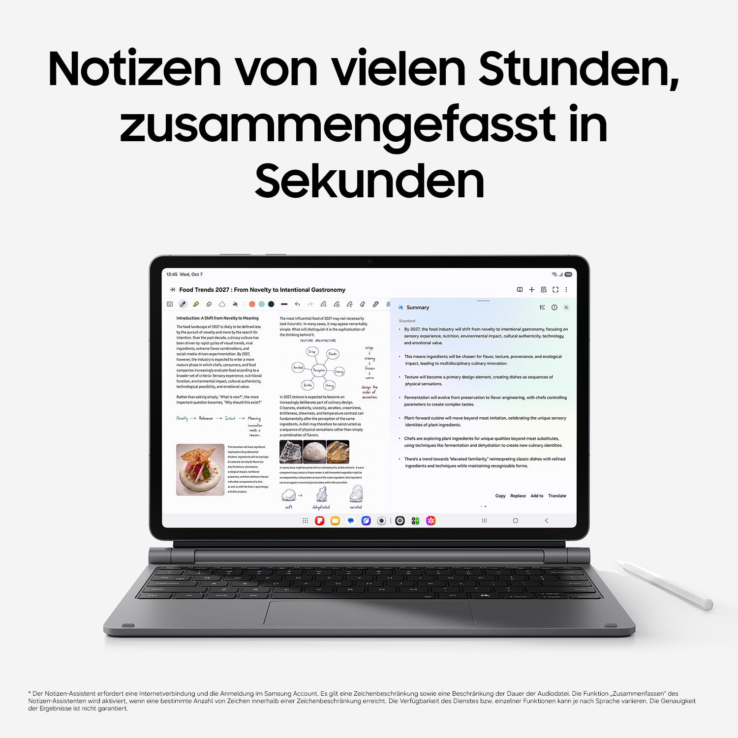 Ein Tablet mit Tastatur zeigt Textnotizen und eine Zusammenfassung. Oben steht deutscher Text.