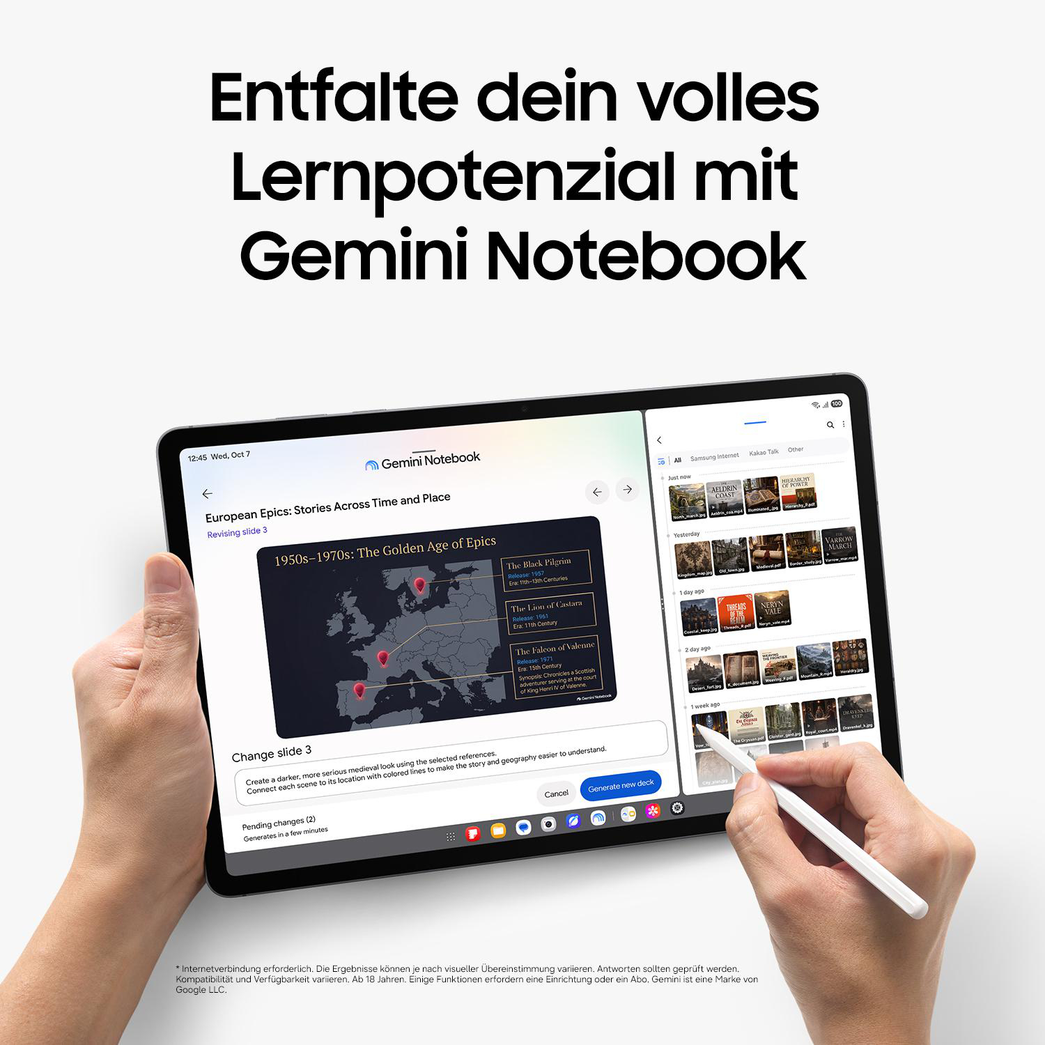 Ein Tablet zeigt Gemini Notebook mit einer Karte Europas und Medienübersicht; Hände halten es mit einem Stift.