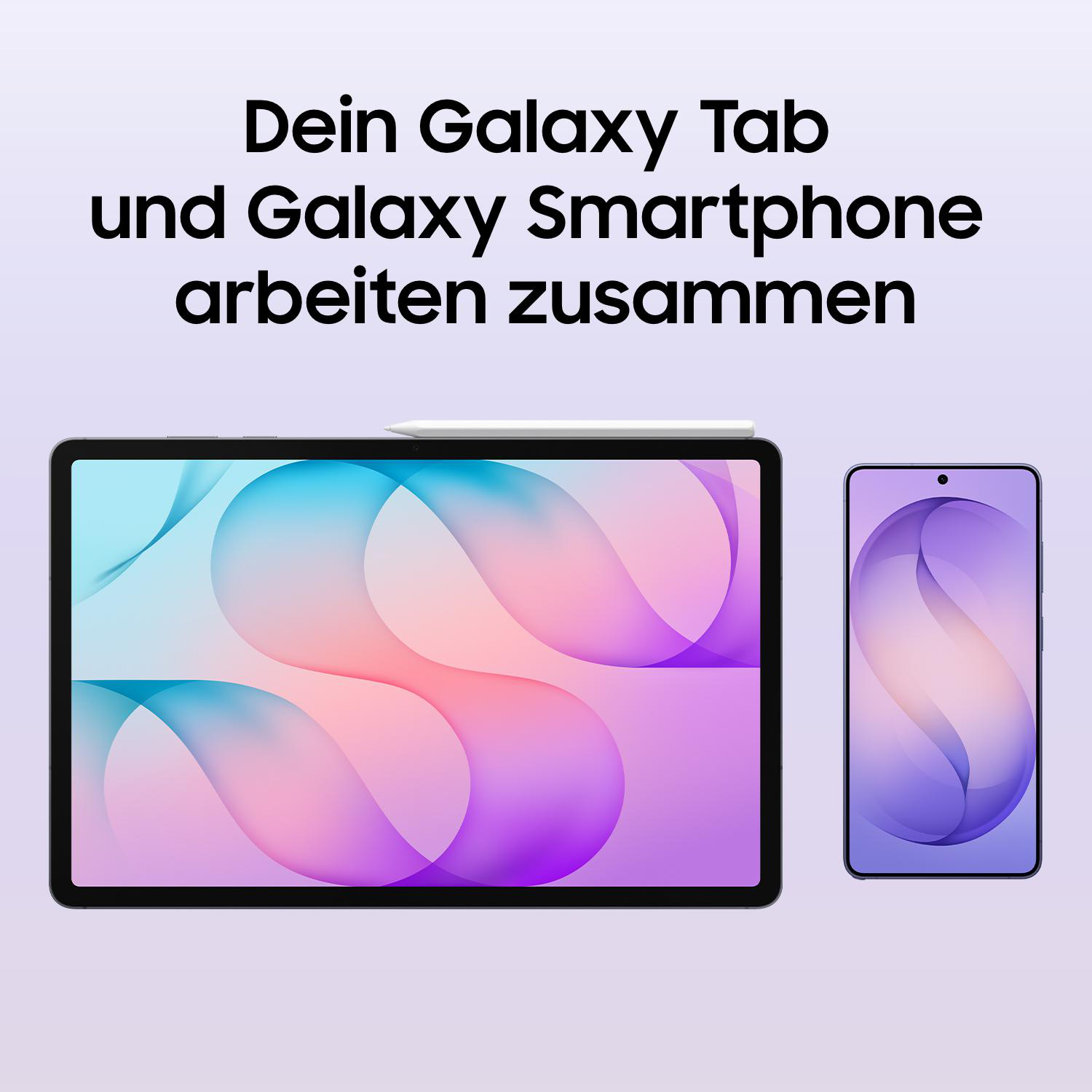 Ein Galaxy Tab und ein Galaxy Smartphone mit buntem Hintergrund und deutschem Werbetext.
