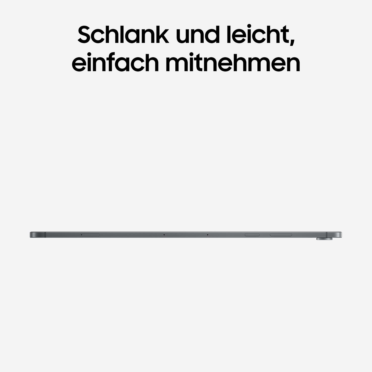 Schlank und leicht, einfach mitnehmen, mit Blick auf die schlanke Seite eines grauen Tablets.