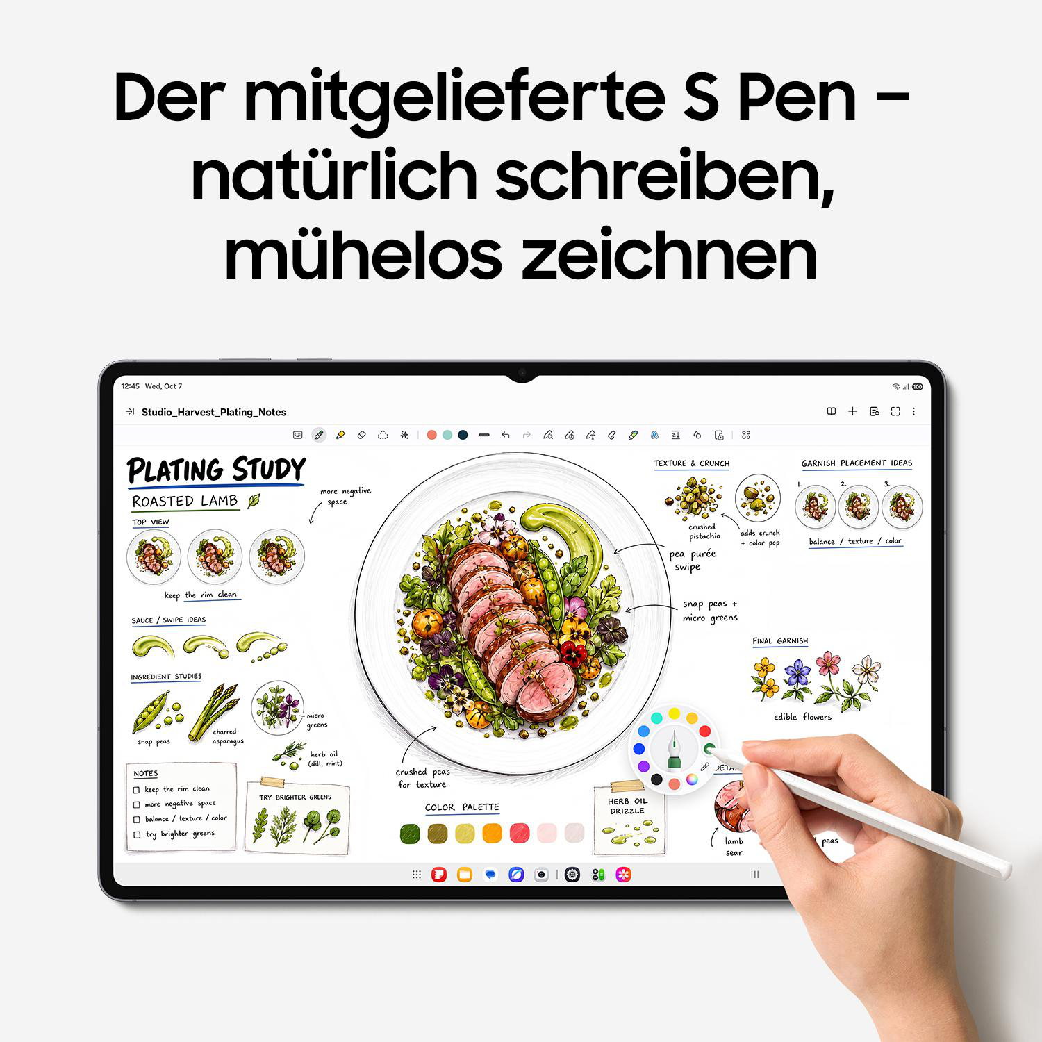 Ein Tablet zeigt handgezeichnete Skizzen von Gerichten, während eine Hand mit einem Stift auf dem Bildschirm zeichnet.