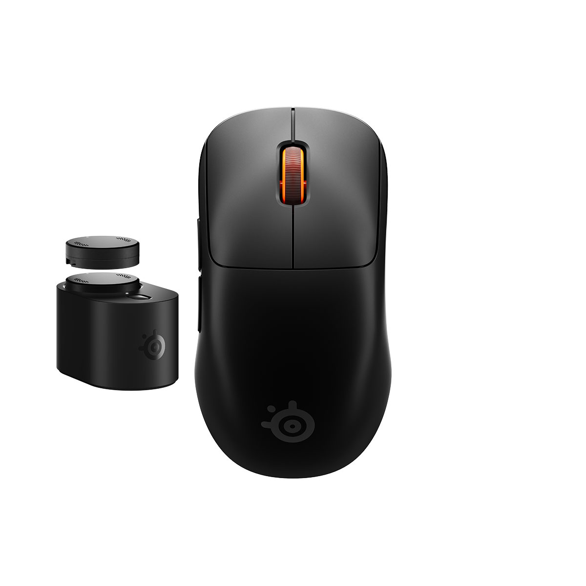 Turuncu yanan tekerlekli siyah kablosuz oyuncu mouse ve yanında yedek bataryalı bir şarj istasyonu.