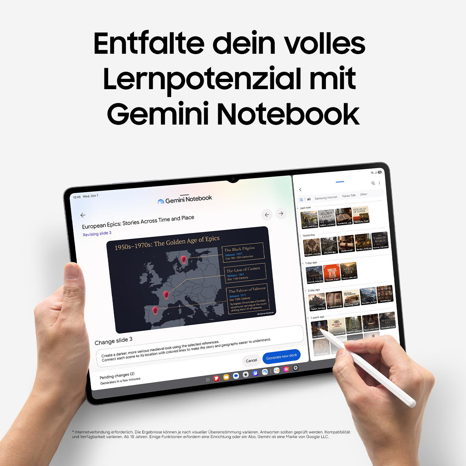 Ein Tablet zeigt Gemini Notebook mit einer Europakarte, Text und einem Stift.