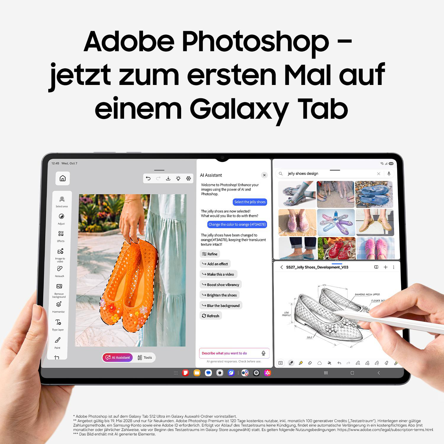Ein Tablet zeigt Adobe Photoshop mit KI-Assistent und Bildbearbeitungswerkzeugen.