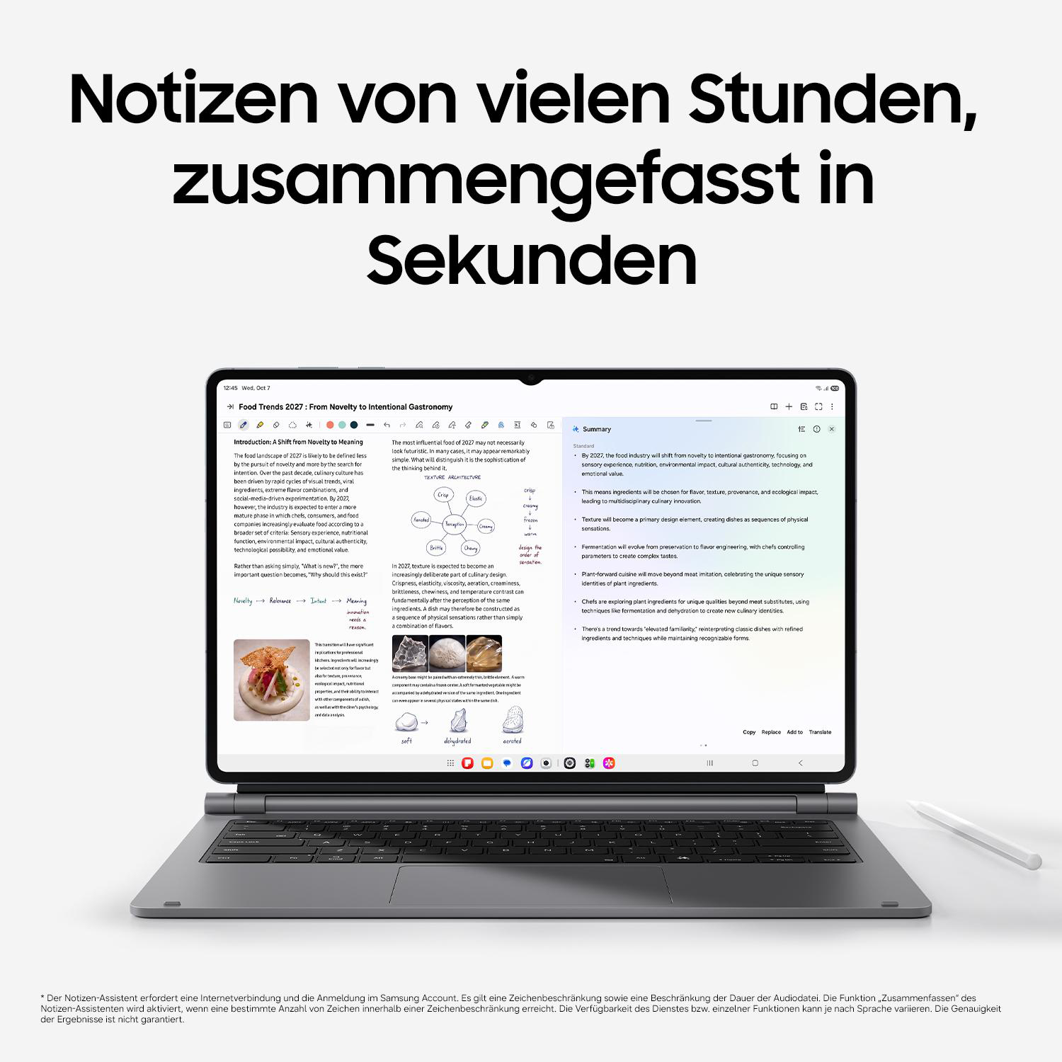 Ein Tablet mit Tastatur zeigt Text und Notizen mit einer Zusammenfassungsfunktion, begleitet von deutschem Text oben.