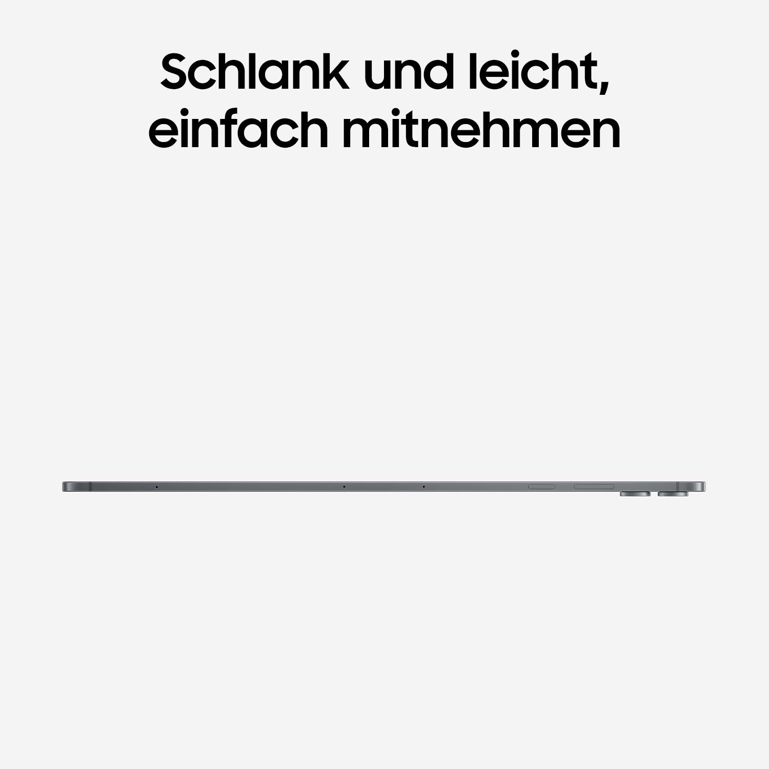 Dünnes und leichtes Tablet im Profil mit deutschem Werbetext oben auf hellem Hintergrund.