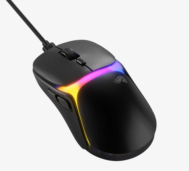 Kıvrımları boyunca canlı RGB aydınlatmaya sahip siyah kablolu oyun faresi.